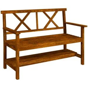 Outsunny 2-Seater Garden Bench Wooden Outdoor Bench w/ Storage Shelf Carbonized