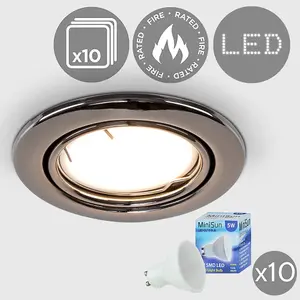 ValueLights Downlight Tiltable Fire Rated Black Chrome Ceiling Light Fitting 10 Pack With Cool White Bulbs