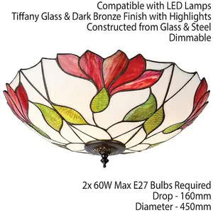 Tiffany Glass Semi Flush Ceiling Light Red Flower Round Inverted Shade i00035