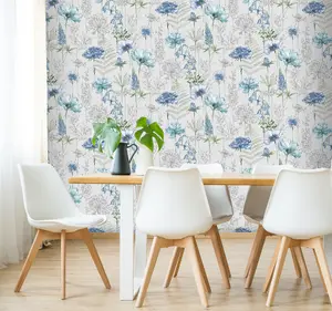 Fresco Floral Sketch Blue Wallpaper