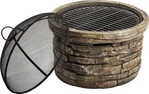 Homeology Fireology SAMUI Khaki Majestic Garden Fire Pit Brazier and Barbecue with Eco-Stone Finish