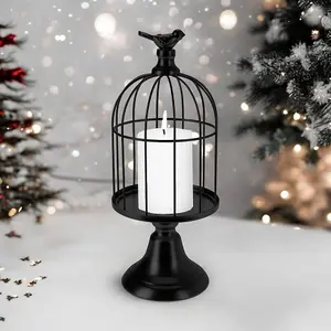 URBNLIVING 30cm Height Black Metal Wire Bird Cage Tealight Pillar Candle Stand Holder Table Centrepiece