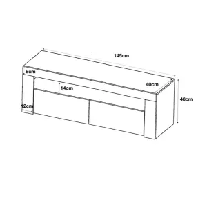 Furneo White TV Stand 145cm Unit Cabinet Matt & High Gloss Clifton13 Blue LED Lights