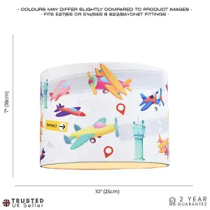 Modern and Colourful Aeroplanes Kids Cotton Fabric Drum Lamp Shade - 25cm