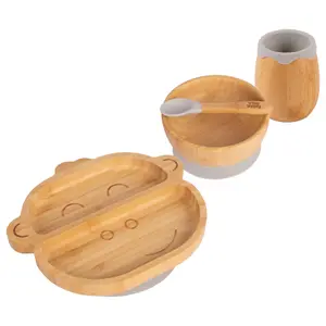 Tiny Dining - Monkey Bamboo Suction Baby Feeding Set - Grey - 4pc