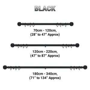 A.Unique Home Geo Ball Metal Extendable Curtain Pole With Rings and Fittings (25/28mm) - Matte Black, 70cm - 120cm  Approx