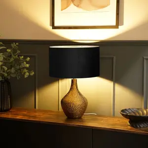 Deshi Metallic Gold Ceramic Table Lamp with Blush Velvet Reni Shade and 6W GLS Warm White Bulb Black / Yes