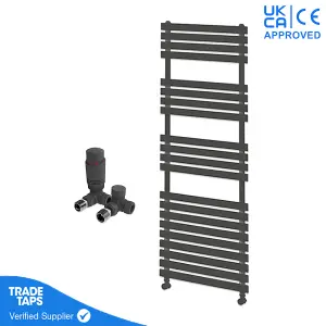 Designer Delta Anthracite Flat Panel Towel Radiator Heated Ladder Rail - 1424 x 500mm - Corner TRV Valve Pair