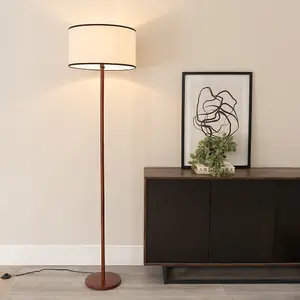 ValueLights Heather Dark Wood Stem Floor Lamp with Natural Black Trim Drum Shade and LED Bulb