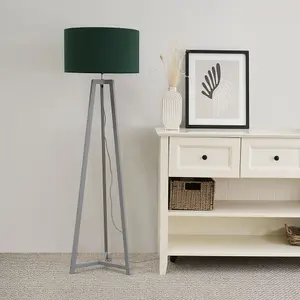 ValueLights Lottie Grey Wood Tripod Floor Lamp with Forest Green Drum Shade