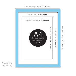 A4 Light Blue Picture Frame With Mount for A5 (14.8 x 21cm - 5.8 x 8.3in) Poster, Photo, Artwork, or Print.