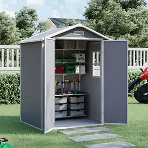 6x4 ft Grey Apex Roof Garden Metal Storage Tool Shed with Floor and Window