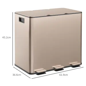 HOMCOM 3 x 15L Triple Kitchen Bin Pedal Bin for Recycling and Waste, Gold Tone