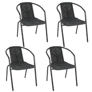 Set of 4 Black Vintage Style Stacking Rattan Patio Garden Chairs Outdoor Armchairs with Metal Frame