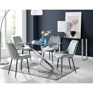 Lenworth Glass Rectangular Dining Table Set with 4 Luxury Velvet Chairs Grey/Black / Silver