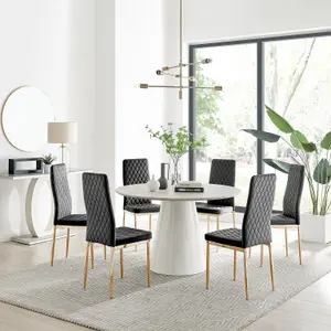 Furniturebox Palma Beige Stone Effect Round 4-6 Seater Pedestal Dining Table & 6 Black Velvet Milan Gold Leg Chairs