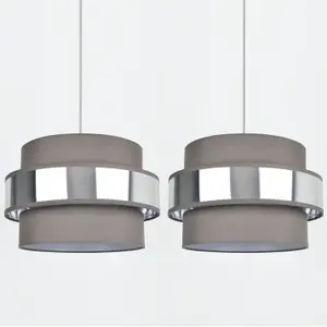 First Choice Lighting Pair of 2 Tier Grey Fabric & Brushed Silver Plated Banded Ceiling Adjustable Flush Shade