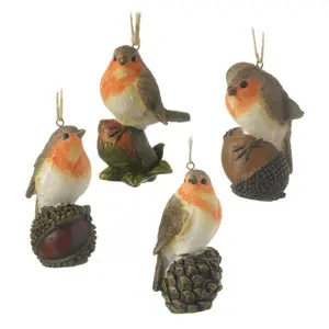 4 Piece Robin Sitting on Nut Hanging Figurine Set