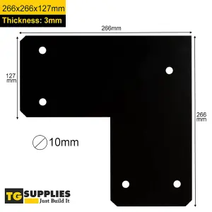 Heavy Duty Black Decorative PergolaCorner Bracket - Flat Angle Bracket - L Shaped Angle Flat Plate Angle Brace - 266x266x127mm