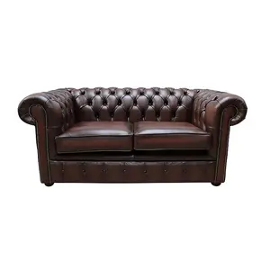 Chesterfield 2 Seater Antique Brown Real Leather Tufted Buttoned Sofa Settee In Classic Style