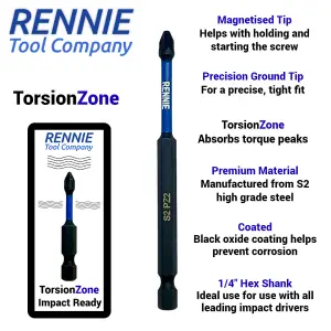 Rennie Tools 4 Piece PZ2 PH2 Long Magnetic Impact Screwdriver Bits Set With Impact Bit Holders