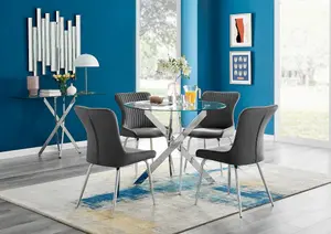 Furniturebox UK Novara Chrome Metal Round Glass Dining Table And 4 Dark Grey Nora Silver Leg Chairs