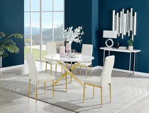 Furniturebox UK Novara White Gloss Gold Leg 120cm Round Dining Table & 4 Cream Velvet Milan Gold Leg Chairs