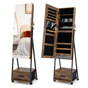 Costway Mobile Mirror Jewelry Cabinet Standing Makeup Organizer Jewelry Armoire w/ Lockable Door