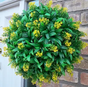 Pair of Best Artificial 28cm Yellow Lush Lavender Hanging Basket Flower Topiary Ball - Weather & Fade Resistant