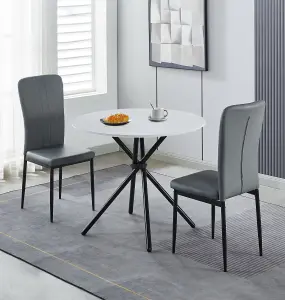 Hallowood Furniture Cullompton Small Round Dining Table 90cm with 2 Grey Faux Leather High Back Chairs