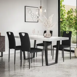 Aria Dining Table And Chairs -  White Marble Effect Table Top w Black Legs + Monza Faux Leather Dining Chair Set Of 6 (Black)