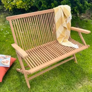 Folding Garden Bench with Arms Wooden - Solid Teak Wood - 2 Seater Garden Bench - 100cm