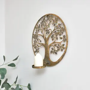 Melody Maison Round Antique Gold Tree of Life Candle Wall Sconce