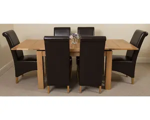 Richmond 140cm - 220cm Oak Extending Dining Table and 6 Chairs Dining Set with Montana Brown Leather Chairs