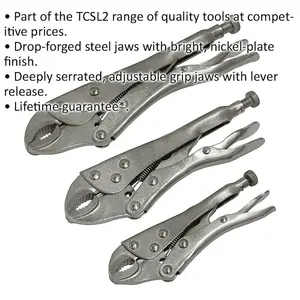 3 Piece Curved Locking Pliers Set - 125mm 175mm & 215mm - Drop Forged Steel Jaws