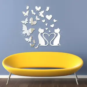 Lovely Cat and Butterflies Mirror Mirror Stickers Nursery Home Decoration Gift Ideas 22 pieces