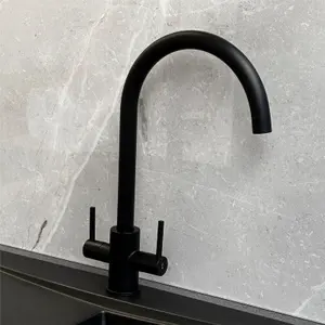 Liquida AD398MB Swan Neck Twin Lever Kitchen Mixer Tap In Matt Black