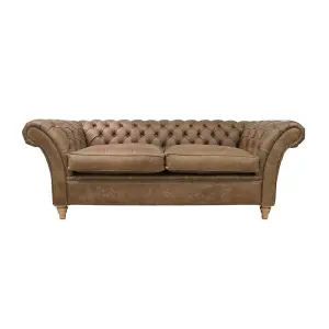 Chesterfield 3 Seater Sofa Settee Cracked Wax Tan Real Leather Balmoral Style