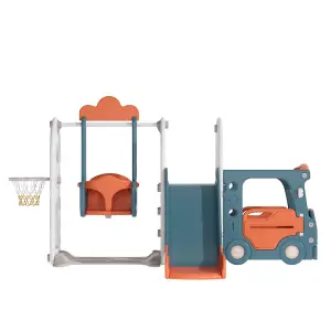 Blue and Orange Bus Cartoon 3 in 1 Slide and Swing Set Play Set with Basketball Hoop W 2160 x D 1710  x H 1150 mm