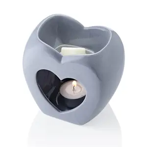 Heart Wax Melt Burner. Ceramic in Matt Grey Colour. Gift Boxed. Height 11 cm