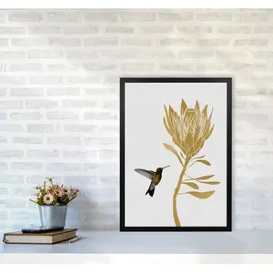 Hummingbird & Flower I - Print Honey Oak Frame / 60 cm H x 42 cm W x 5 cm D