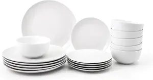 18PC Dinnerware Porcelain White Set: 6 Dinner Plates, 6 Side Plates & 6 Bowls. Dishwasher & Microwave Safe.