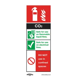 1x CO2 Fire Extinguisher Safety Sign - Durable Rigid Plastic 75mm x 210mm for Workplace