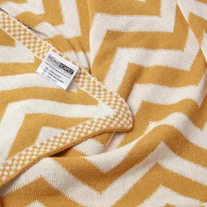 Homescapes Mustard Chevron Cotton Knitted Throw, 130 x 170 cm