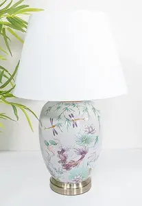 Pink Koi Fish Oriental Ceramic Table Lamp with Plain Shade