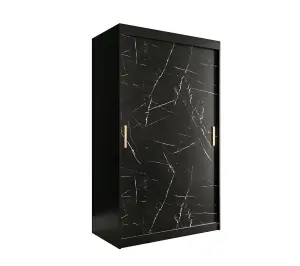 Compact Black Geneva T Sliding Door Wardrobe W1200mm H2000mm D620mm - Sleek Design, Gold Handles, Efficient Storage