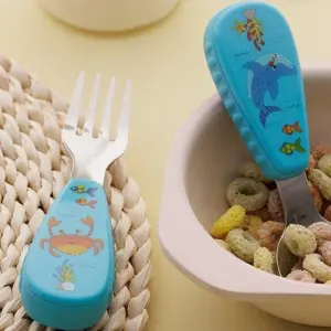 Kids Cutlery Set Stainless Steel Sea Life Themed Silicone Handle Fork & Spoon