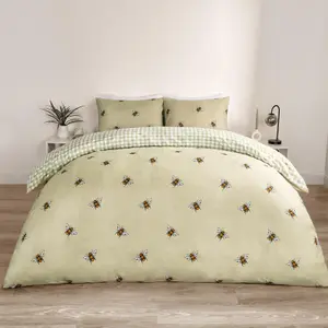 Bee Striped Duvet Cover Reversible Bedding Set, Sage - King