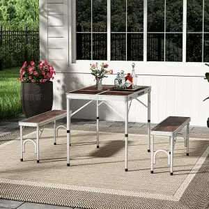 Aluminum Folding Picnic Table with 2 Benches Umbrella Hole Fold Up Suitcase Table