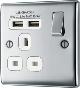 BG Chrome Single 13A Raised slim Switched Screwed Socket with USB, x2 & White inserts